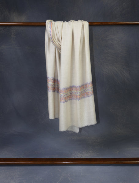 Ivory With Striped Motif Border Embroidery Cashmere Pashmina Scarf