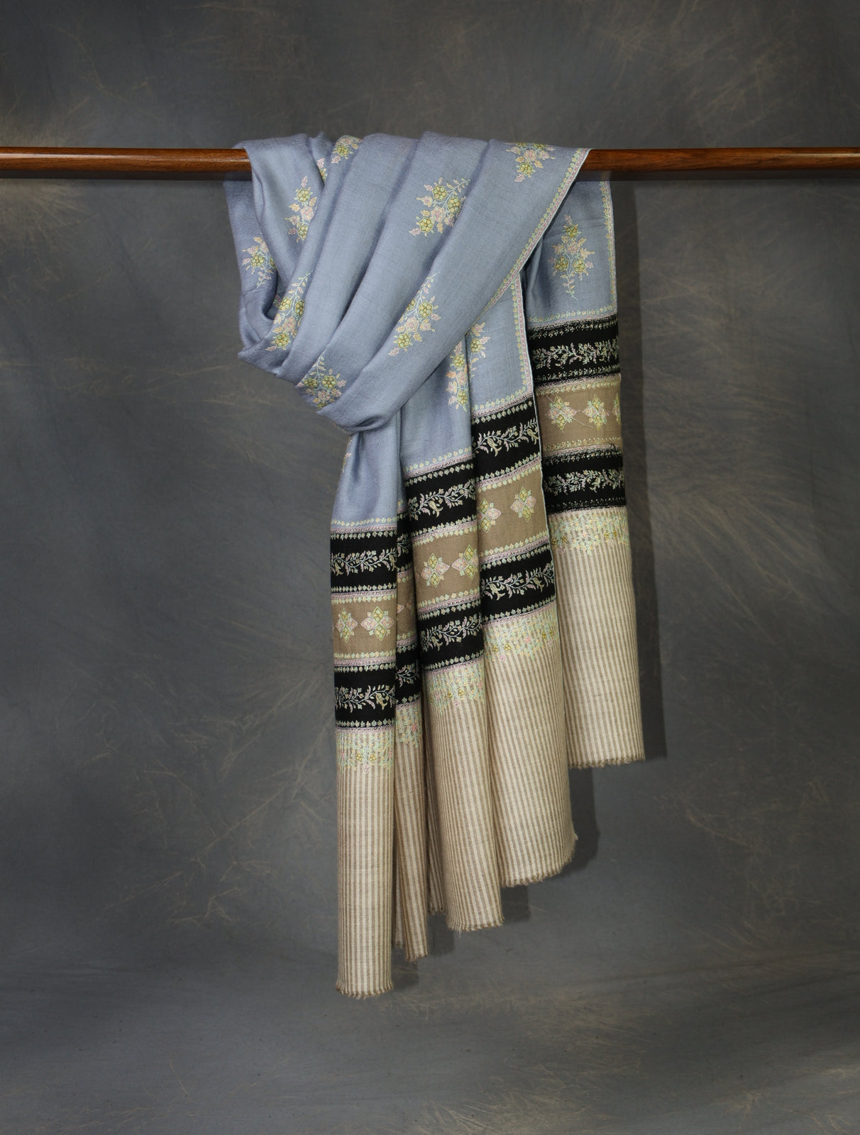 Light Sky Blue Boteh Motif Embroidery With Striped Border Cashmere Pashmina Shawl
