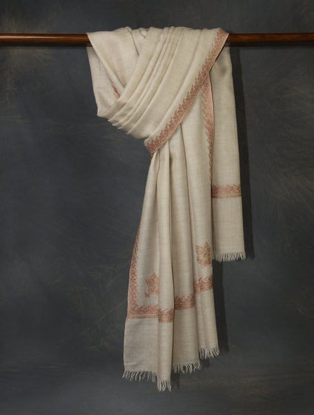 Natural Base Blue Border Embroidery Cashmere Pashmina Shawl