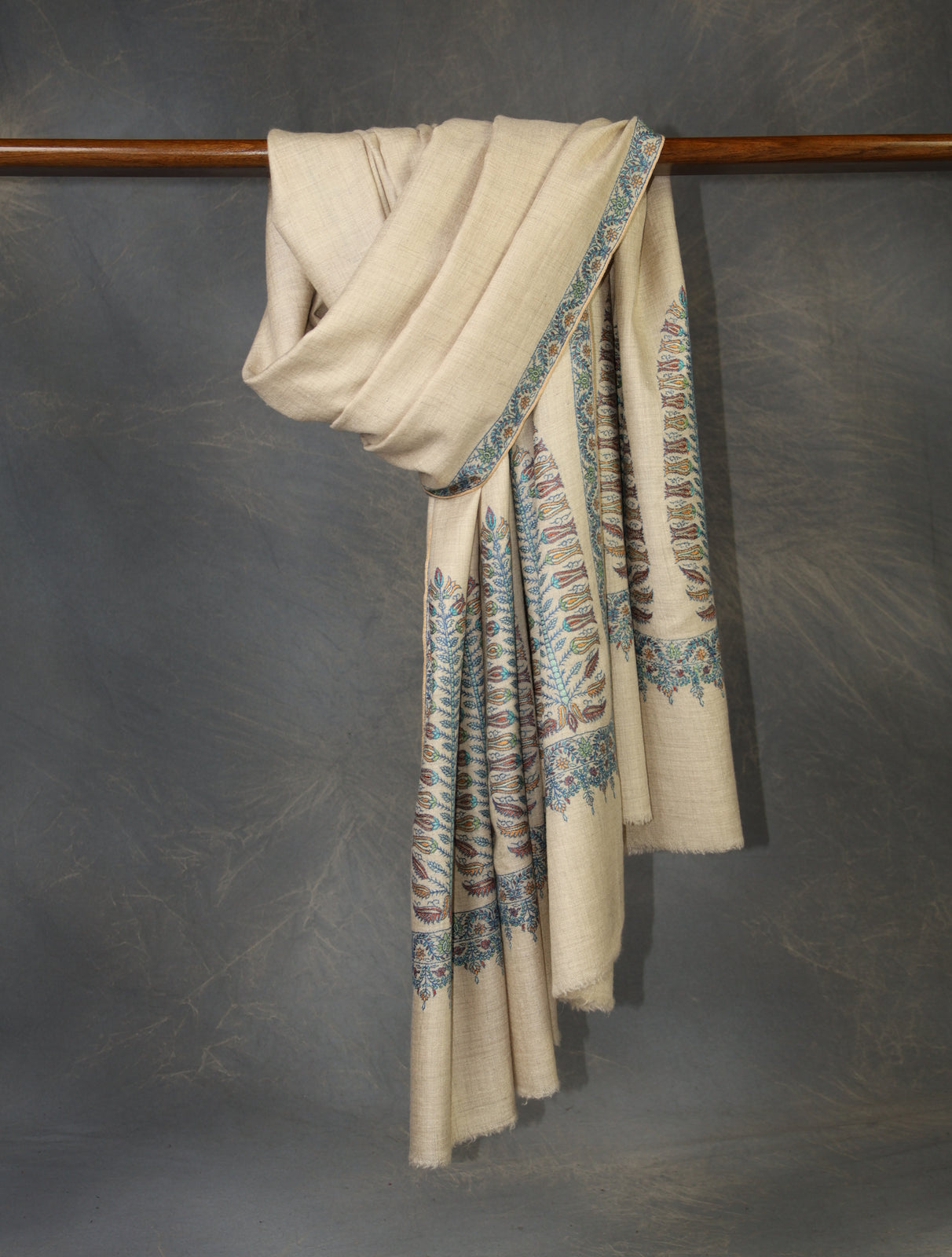Ivory With Blue Border Embroidery Cashmere Pashmina Shawl