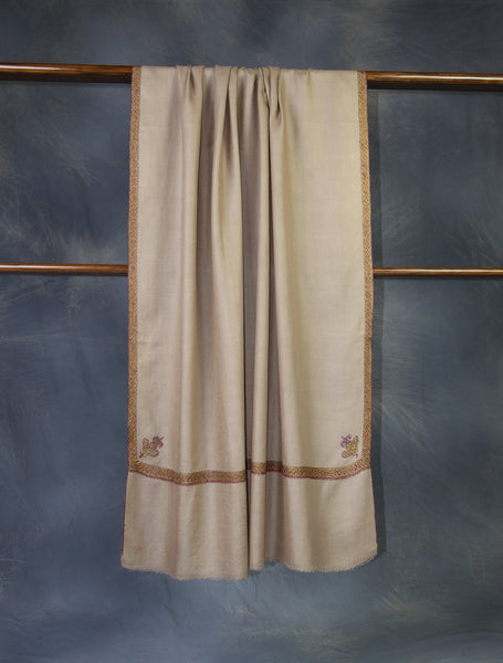 Beige Base Border Embroidery Cashmere Pashmina Shawl
