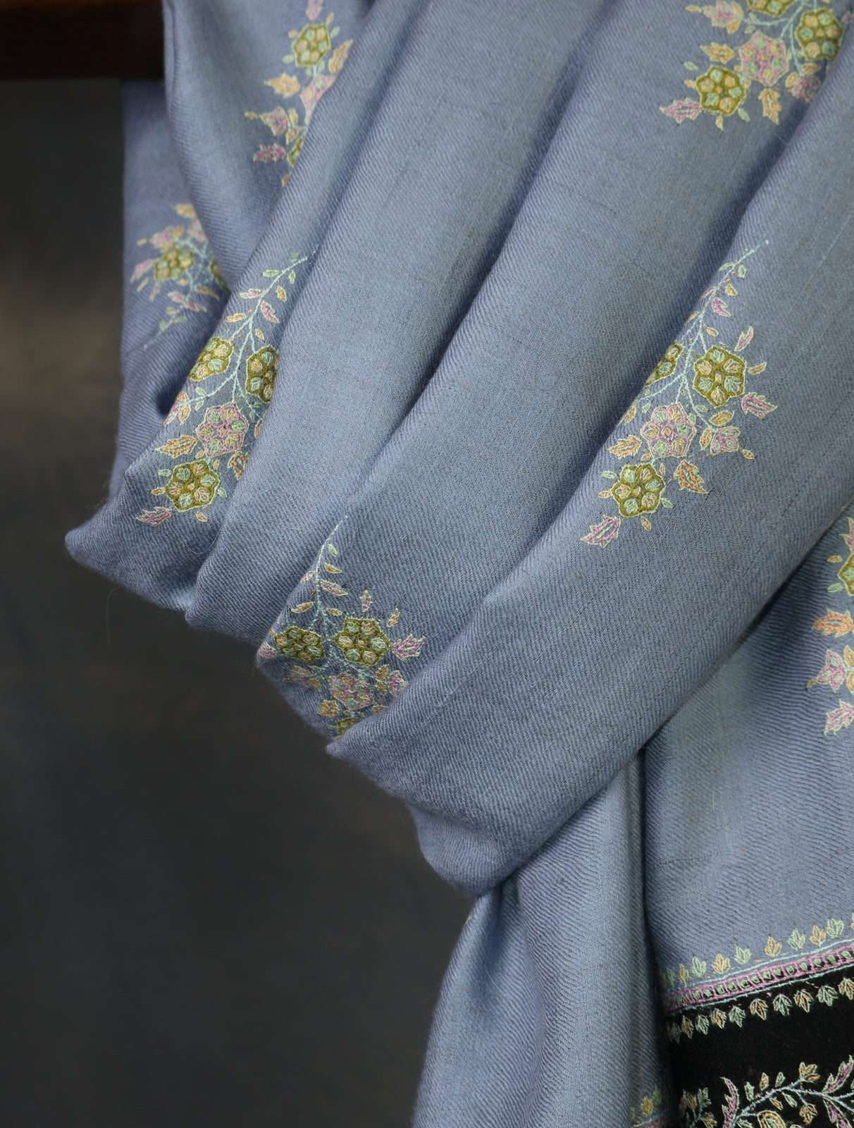 Light Sky Blue Boteh Motif Embroidery With Striped Border Cashmere Pashmina Shawl