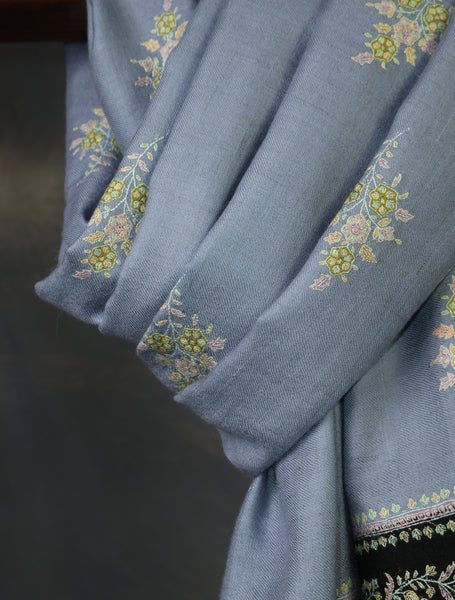 Light Sky Blue Boteh Motif Embroidery With Striped Border Cashmere Pashmina Shawl