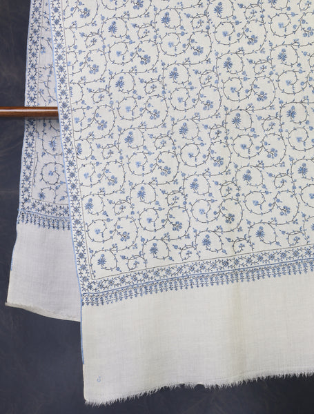 Ivory Base Blue Jali Embroidery Cashmere Pashmina Shawl