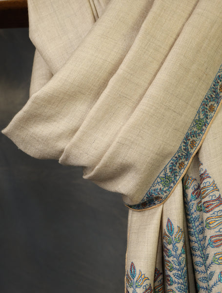 Ivory With Blue Border Embroidery Cashmere Pashmina Shawl