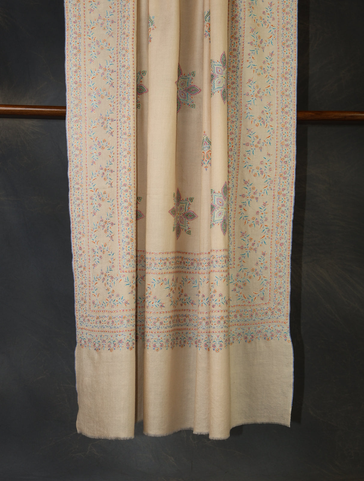Cream Color Boteh Motifs Embroidery Cashmere Pashmina Shawl