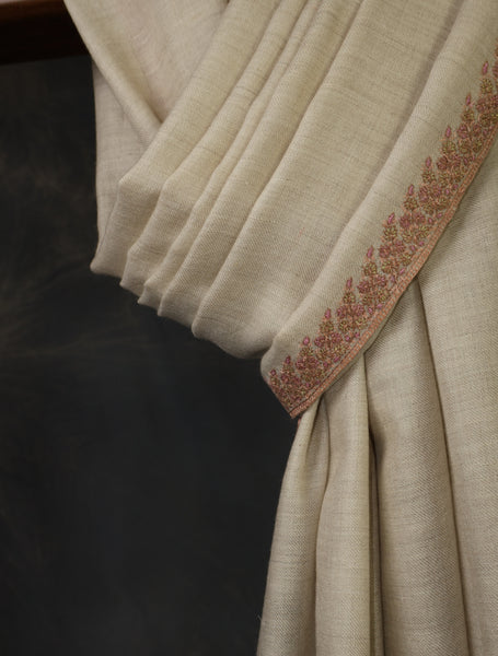 Natural Base Blue Border Embroidery Cashmere Pashmina Shawl