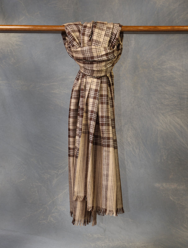 Brown Check Handwoven Cashmere Pashmina Shawl