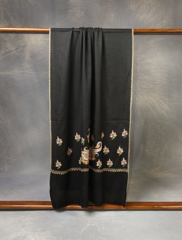 Black Base Jali Sozni Embroidery Merino Wool Scarf