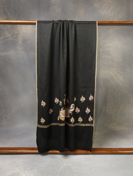 Black Base Jali Sozni Embroidery Merino Wool Scarf