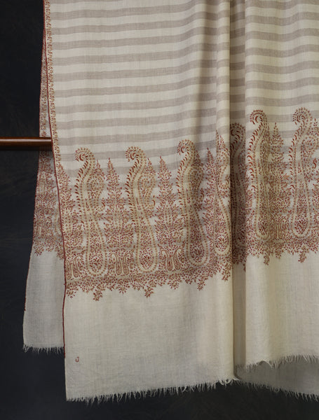 Ivory and Natural Stripe Border Embroidery Cashmere Pashmina Shawl