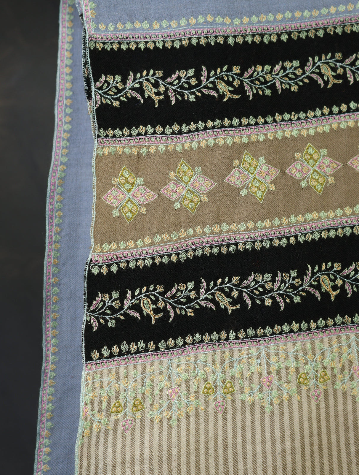 Light Sky Blue Boteh Motif Embroidery With Striped Border Cashmere Pashmina Shawl