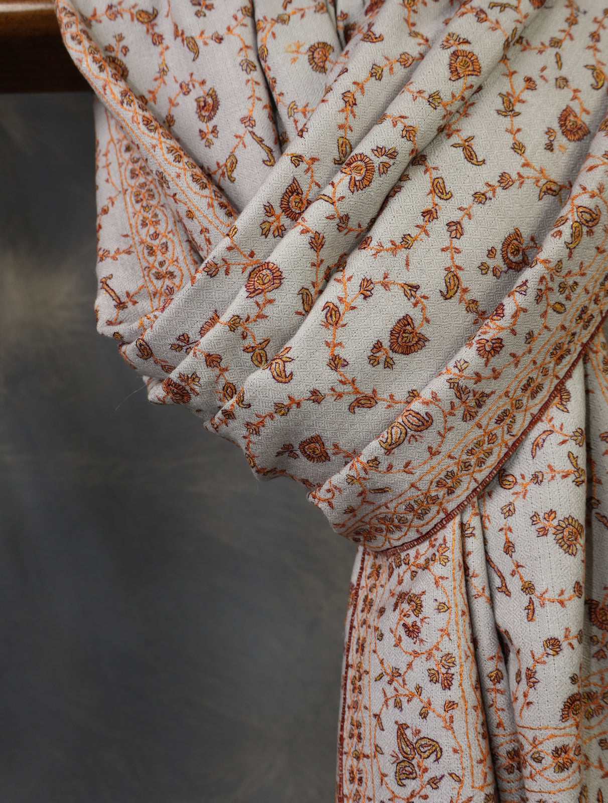 Grey  Base With Jali Embroidery Pashmina Cashmere Scarf