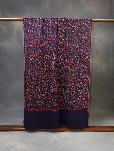 Navy Blue Base Jali Sozni Embroidery Merino Wool Scarf
