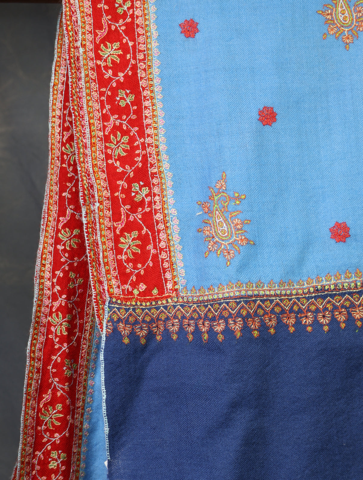Blue Base With Red Border Embroidery Cashmere Pashmina Scarf