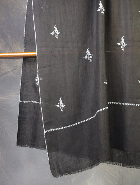Black Buteh Motif Embroidery Cashmere Pashmina Scarf