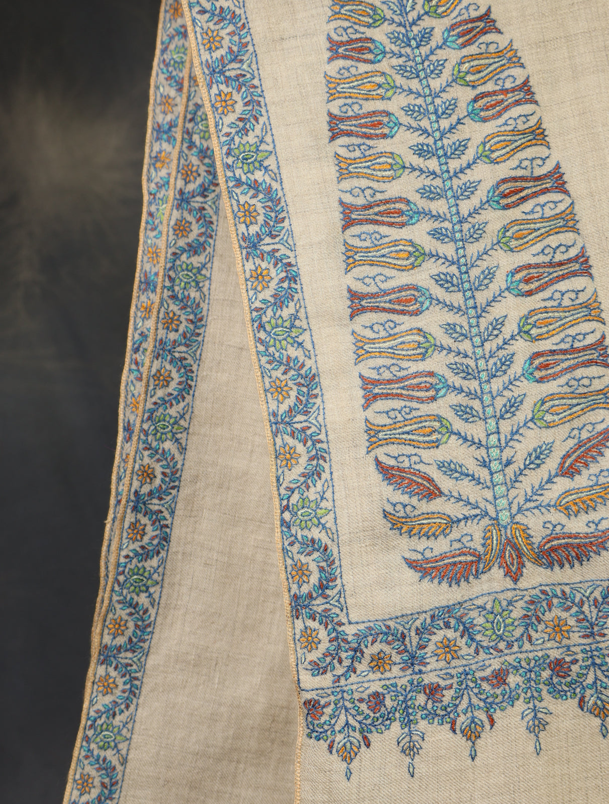 Ivory With Blue Border Embroidery Cashmere Pashmina Shawl