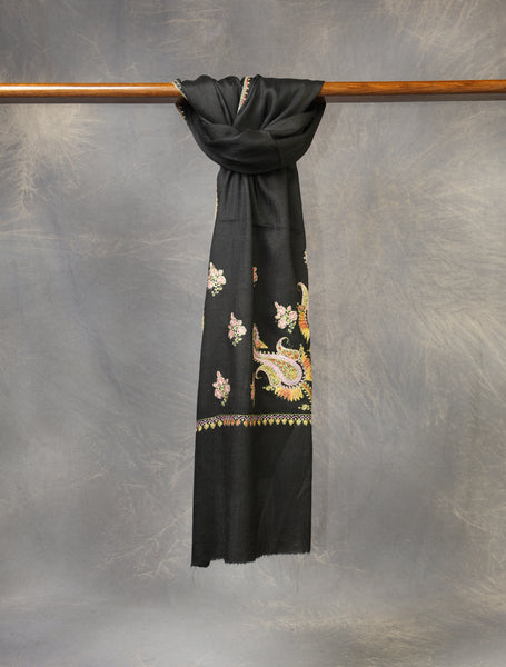 Black Base Jali Sozni Embroidery Merino Wool Scarf