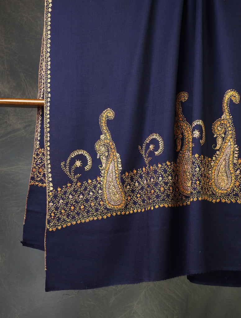 Navy Blue Base Border Embroidery Merino wool Shawl