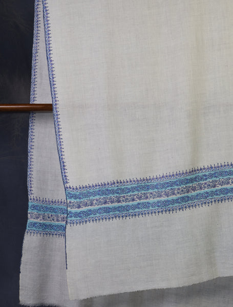 Ivory With Blue Striped And Motif Border Embroidery Cashmere Pashmina Scarf