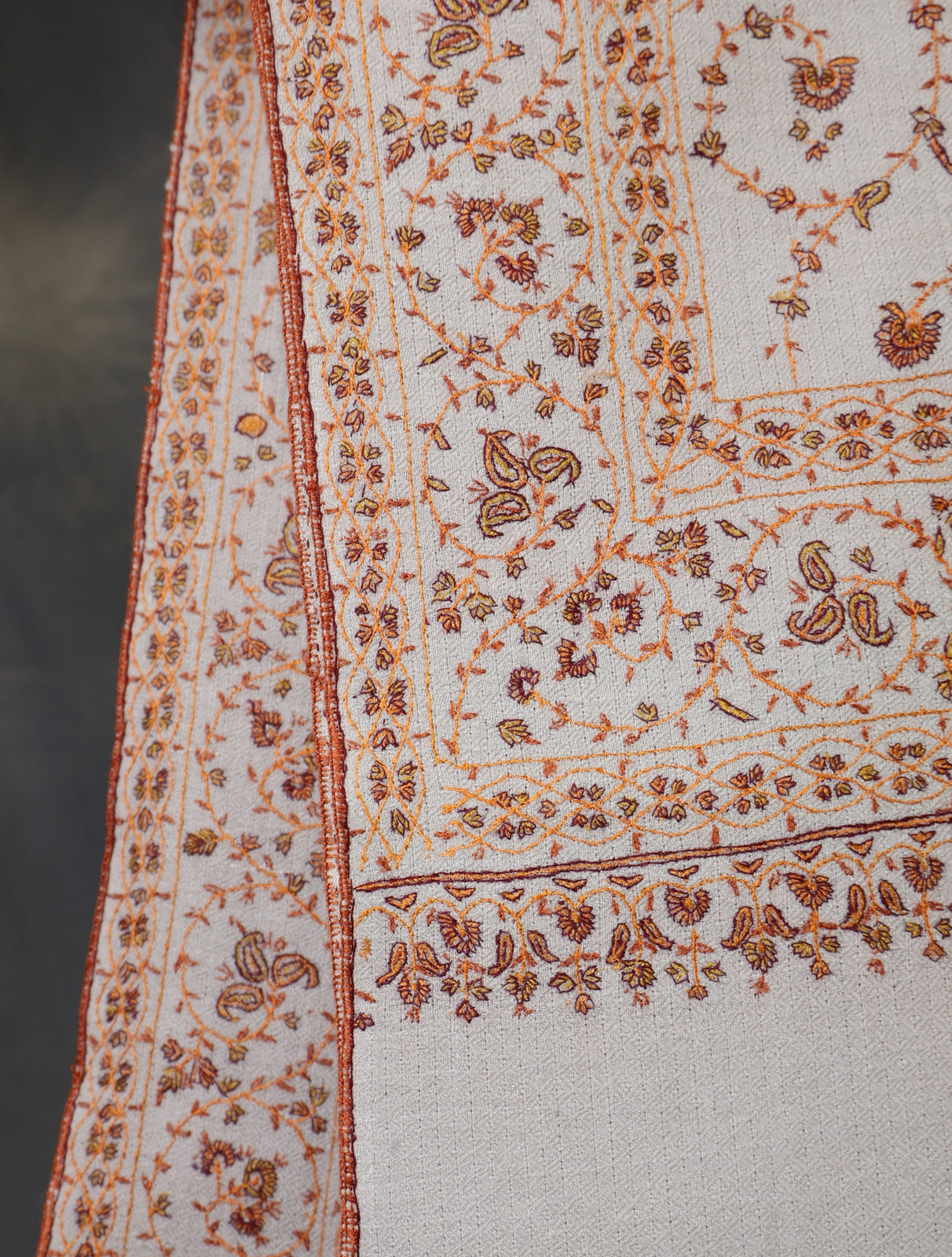 Grey  Base With Jali Embroidery Pashmina Cashmere Scarf