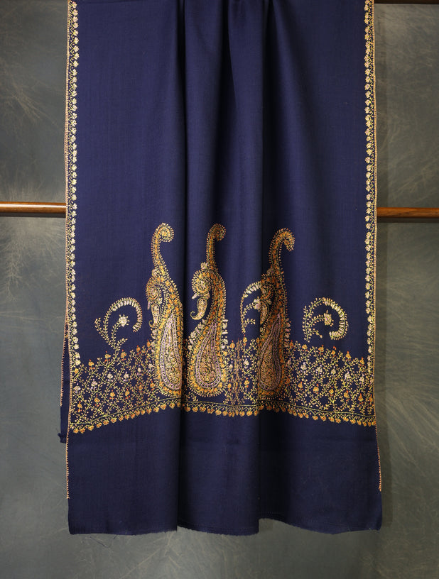 Navy Blue Base Border Embroidery Merino wool Shawl