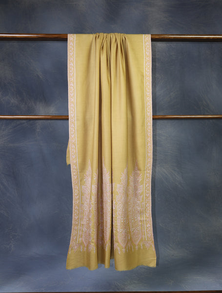Mustard Big Border Embroidery Cashmere Pashmina Shawl