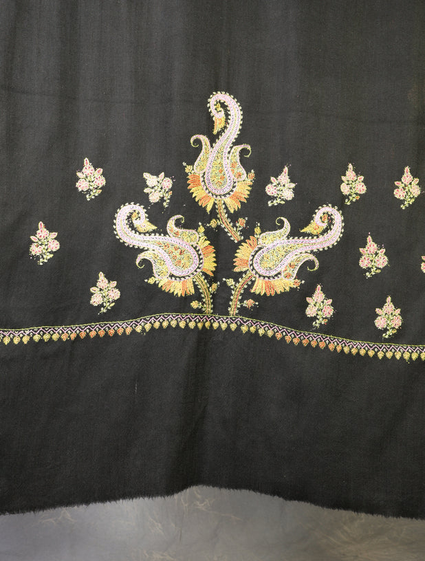 Black Base Jali Sozni Embroidery Merino Wool Scarf