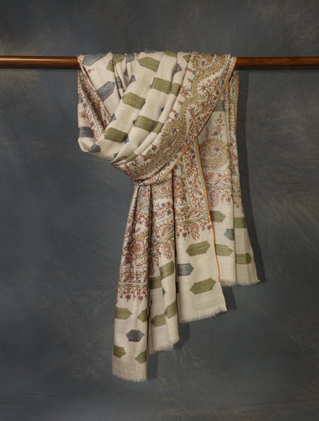 Ivory Boteh Motif Embroidery Pashmina Cashmere Shawl