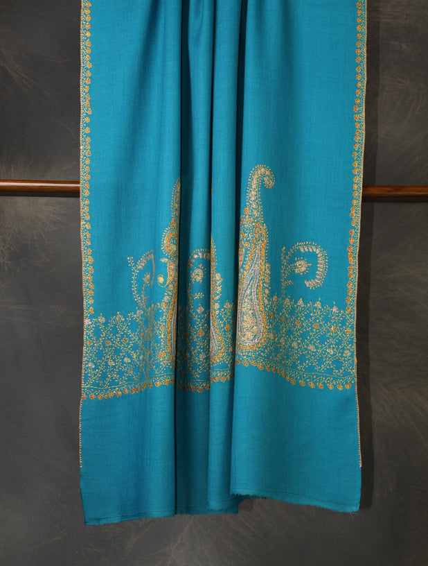 Dodger Blue Base Border Embroidery Merino wool Shawl