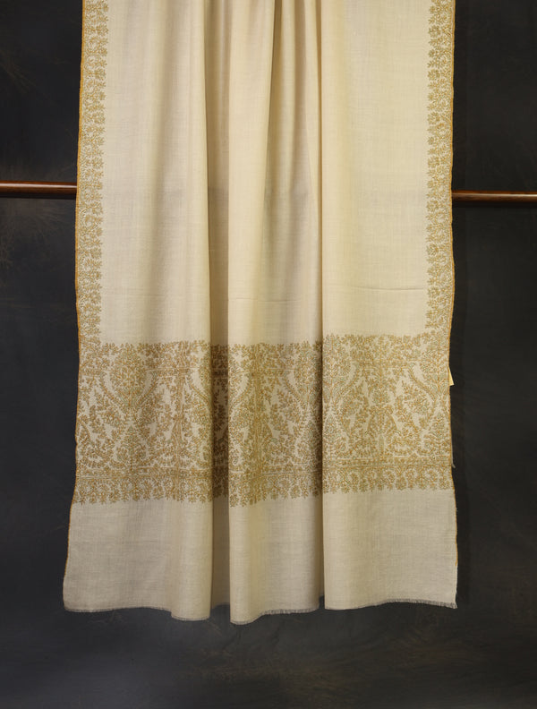 2.5 yard Ivory Big Border Embroidery Cashmere Pashmina Shawl – detail view