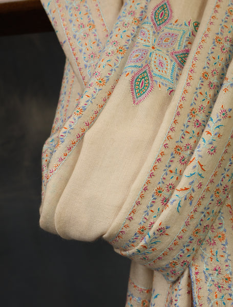 Cream Color Boteh Motifs Embroidery Cashmere Pashmina Shawl