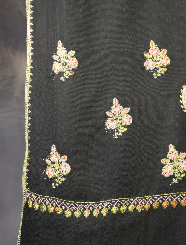 Black Base Jali Sozni Embroidery Merino Wool Scarf