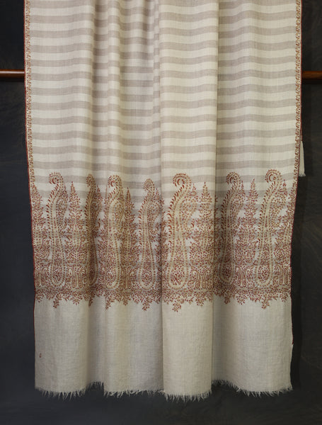 Ivory and Natural Stripe Border Embroidery Cashmere Pashmina Shawl