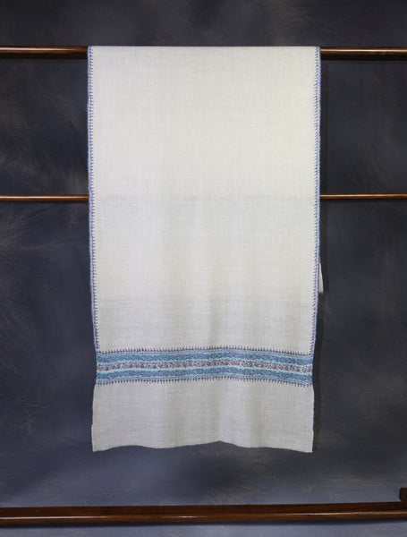 Ivory With Blue Striped And Motif Border Embroidery Cashmere Pashmina Scarf