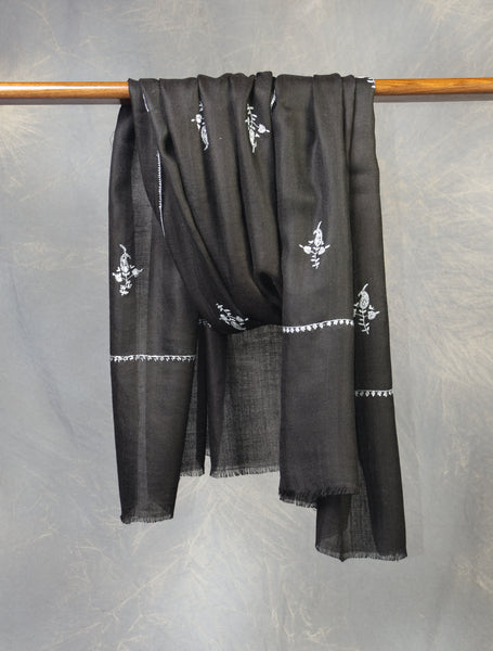 Black Buteh Motif Embroidery Cashmere Pashmina Scarf