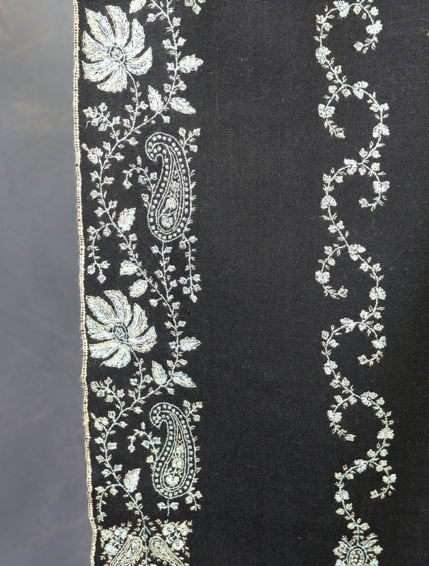 Black Base Striped Jali Embroidery Handwoven Cashmere Shawl