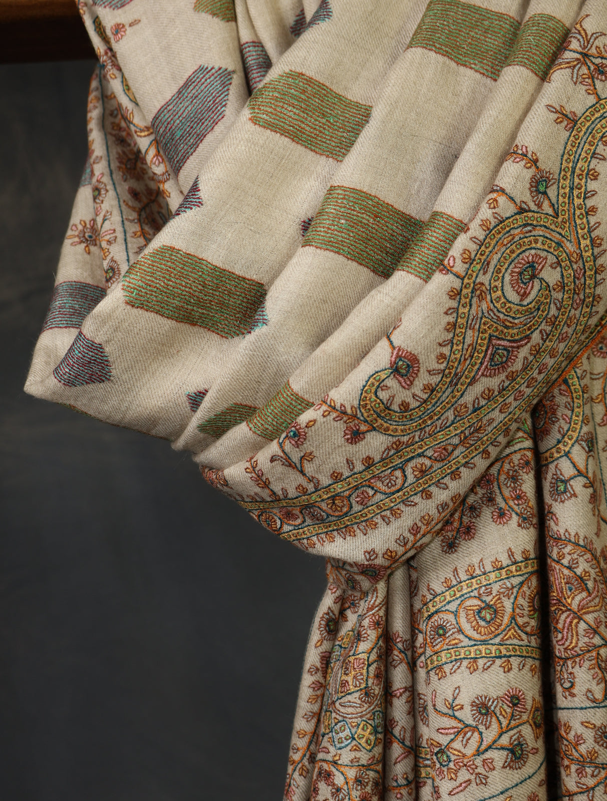 Ivory Boteh Motif Embroidery Pashmina Cashmere Shawl