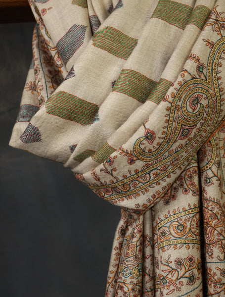 Ivory Boteh Motif Embroidery Pashmina Cashmere Shawl