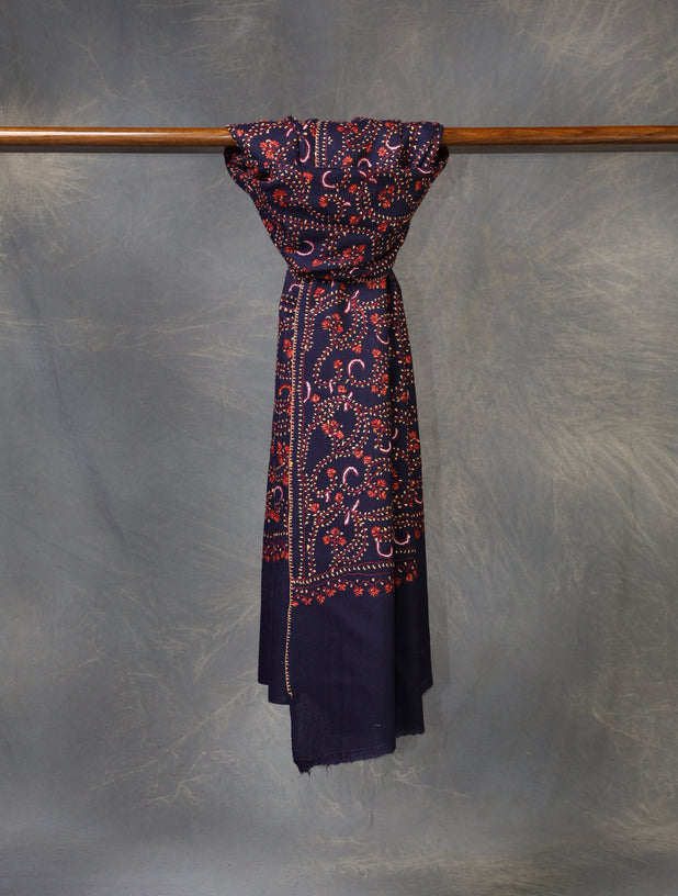 Navy Blue Base Jali Sozni Embroidery Merino Wool Scarf