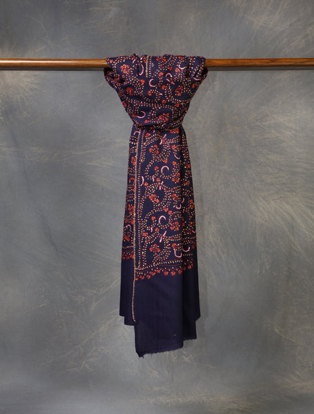 Navy Blue Base Jali Sozni Embroidery Merino Wool Scarf