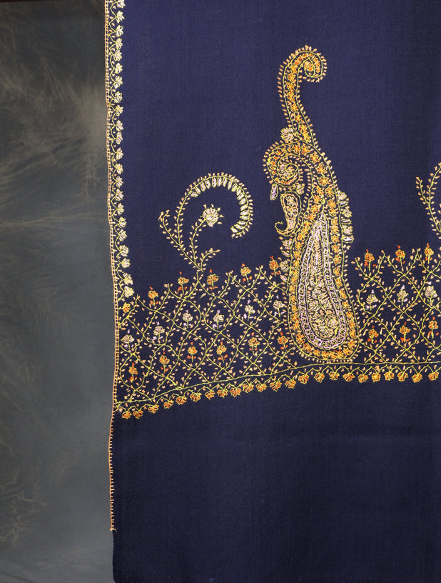 Navy Blue Base Border Embroidery Merino wool Shawl