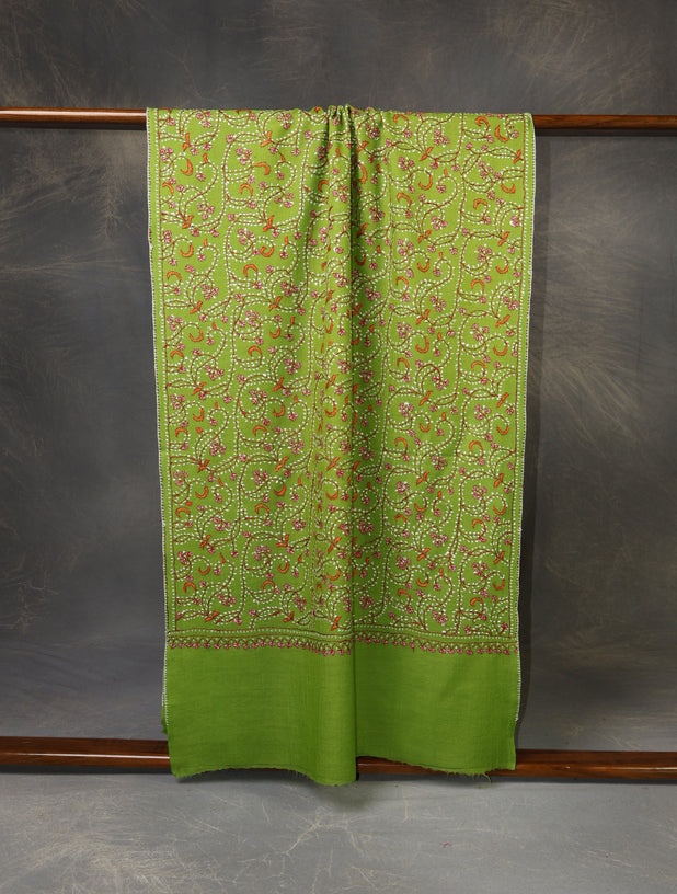 Green Base Jali Sozni Embroidery Merino Wool Scarf