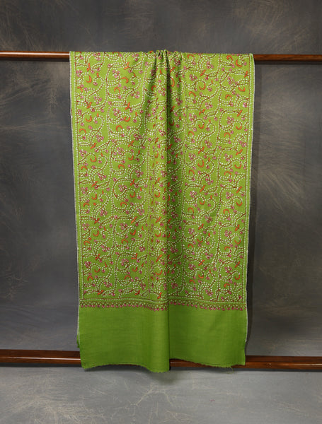 Green Base Jali Sozni Embroidery Merino Wool Scarf