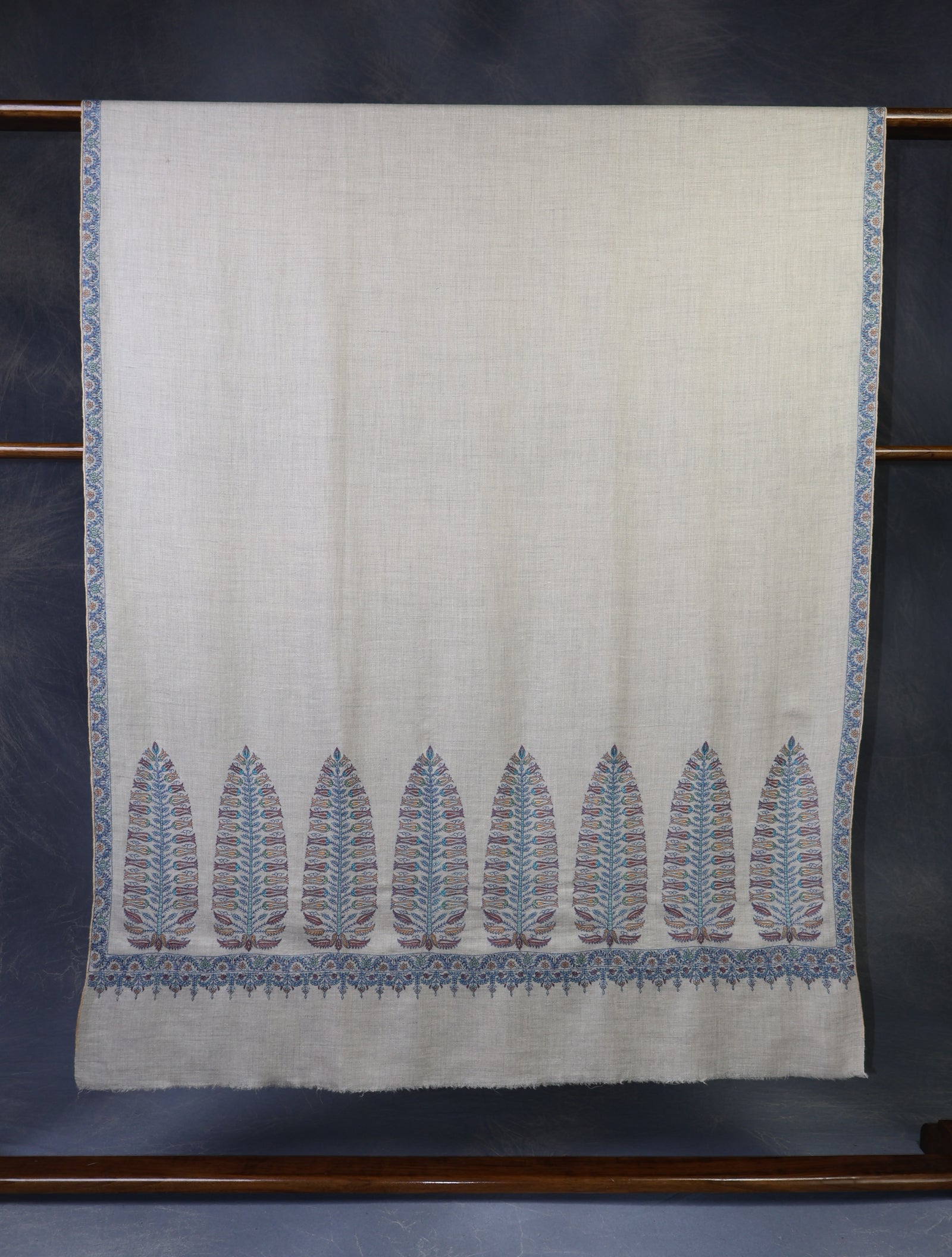Ivory With Blue Border Embroidery Cashmere Pashmina Shawl