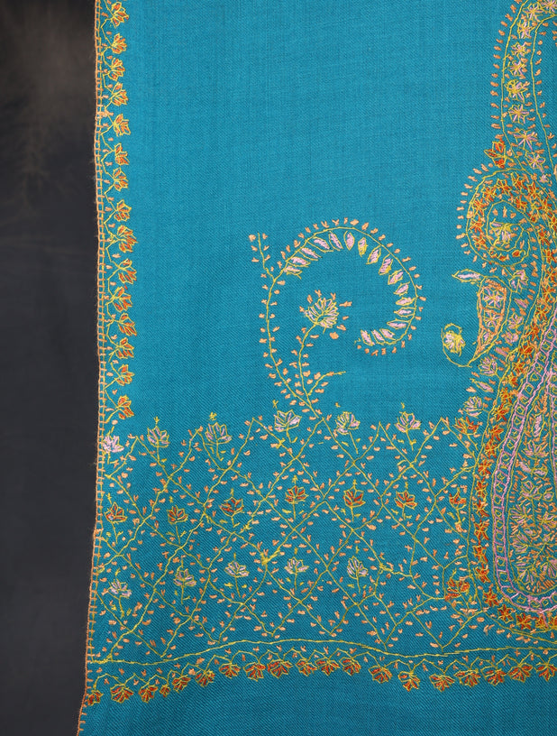 Dodger Blue Base Border Embroidery Merino wool Shawl