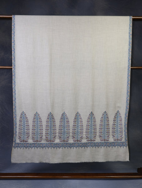Ivory With Blue Border Embroidery Cashmere Pashmina Shawl