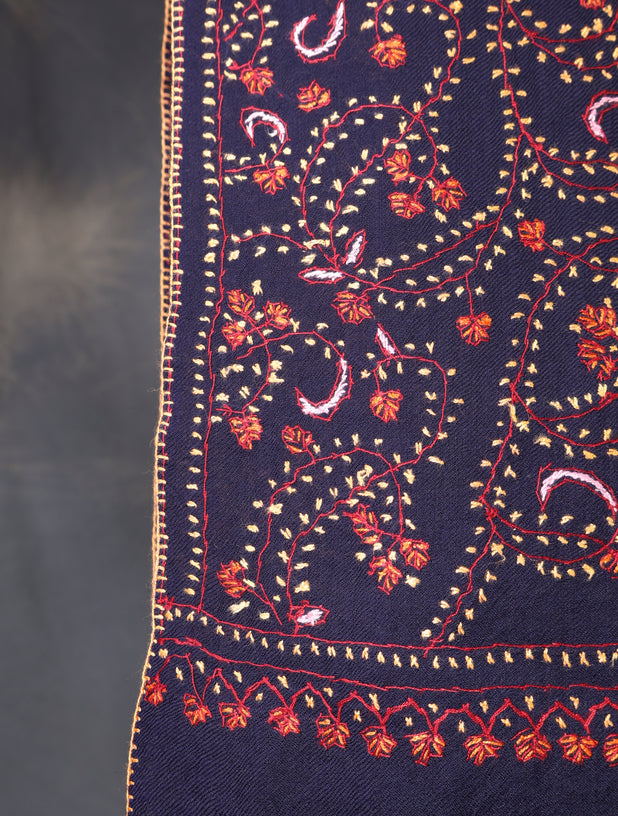 Navy Blue Base Jali Sozni Embroidery Merino Wool Scarf