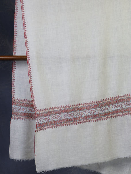 Ivory With Striped And Motif Border Embroidery Cashmere Pashmina Scarf