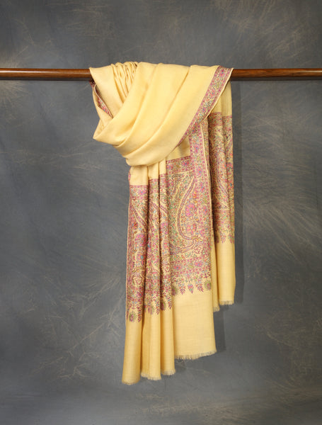 Yellow Beige Base Big Border Embroidery Cashmere Pashmina Shawl